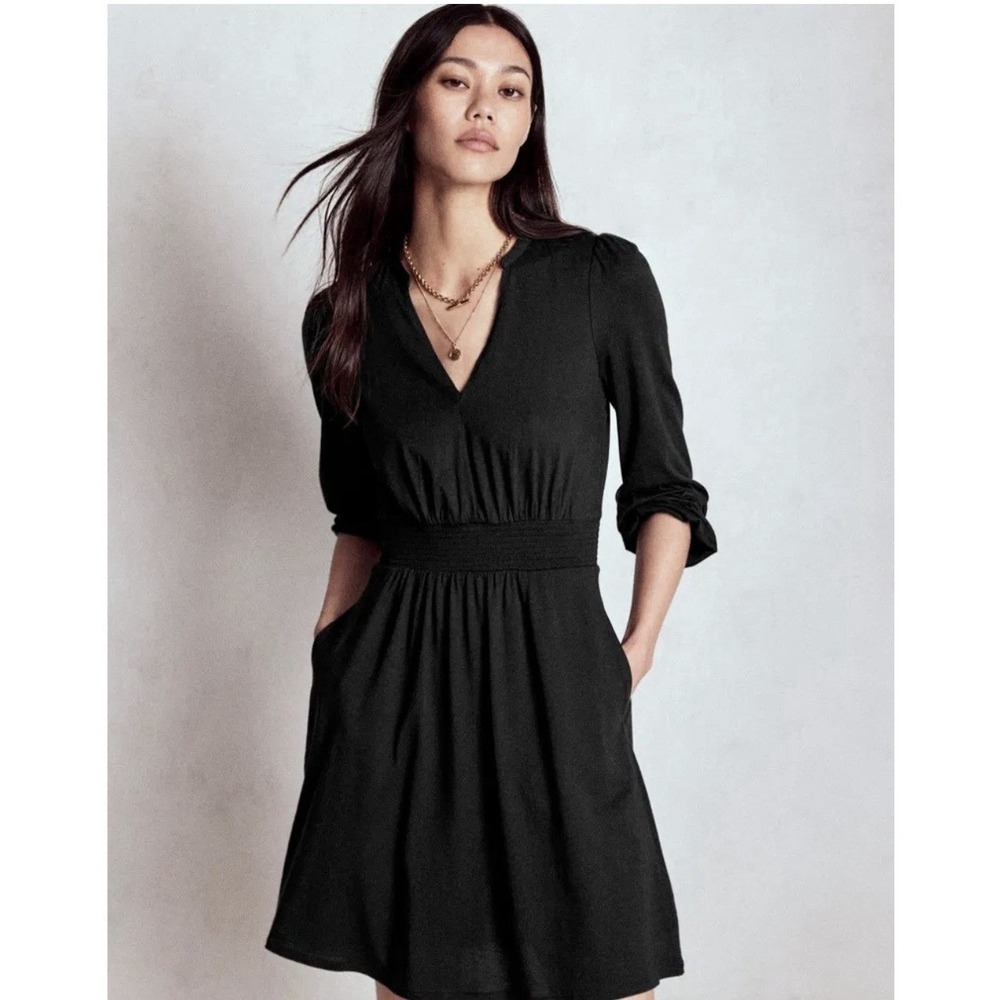 Boden Black Sarah Short Jersey Dress‎ V-Neck Smocked Waist Pockets US 10 Long